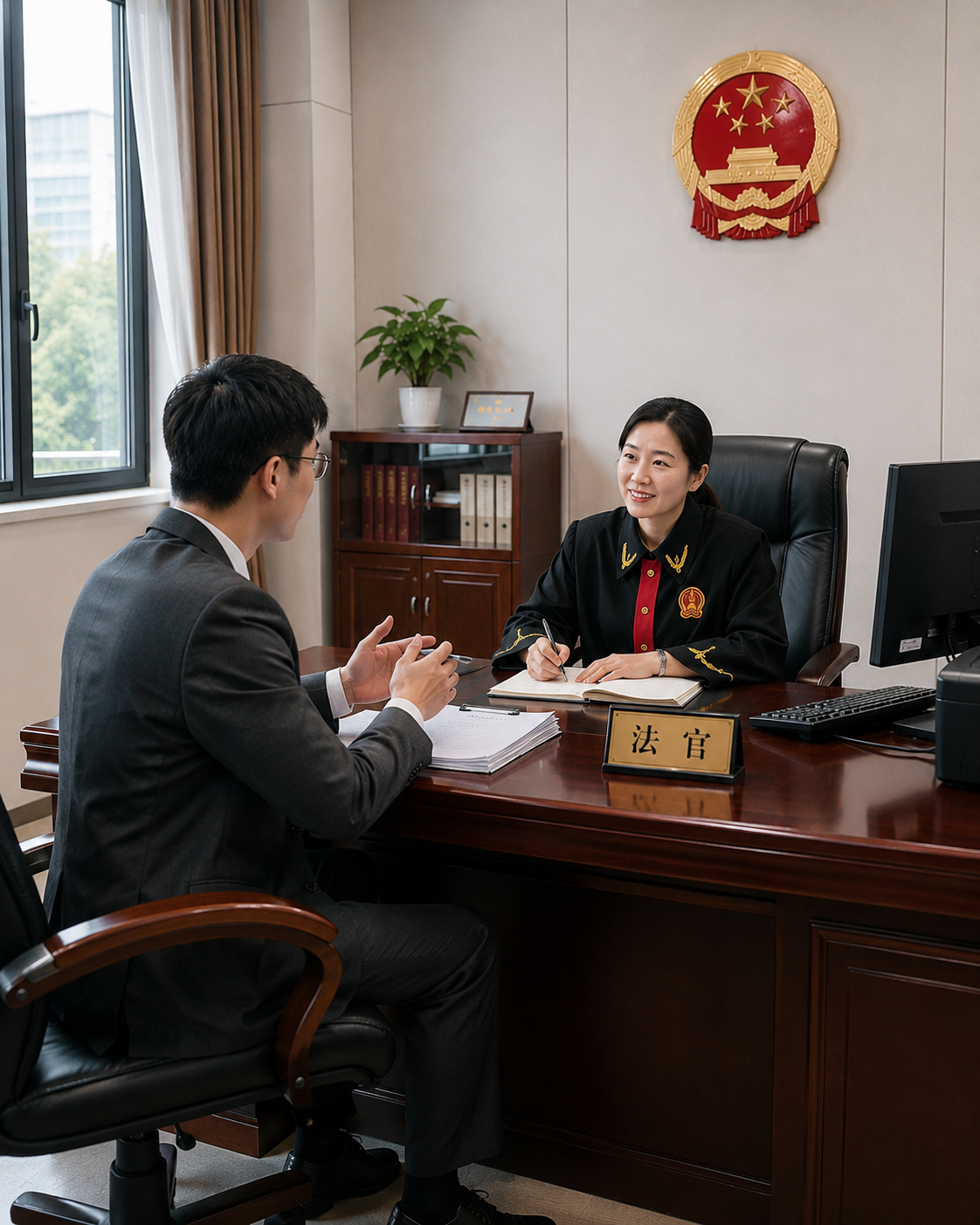 法官与当事人沟通的办公场景